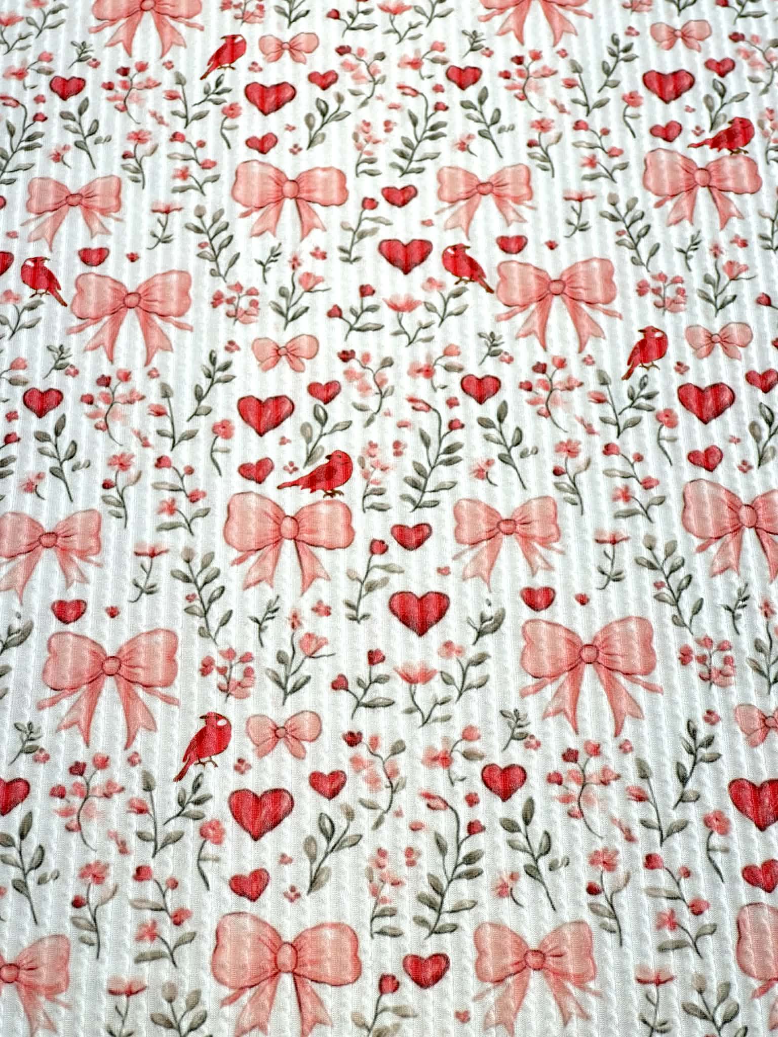 (URBAN RIB) HEARTS, BOWS, FLOWERS, AND RED BIRDS ON OFF WHITE