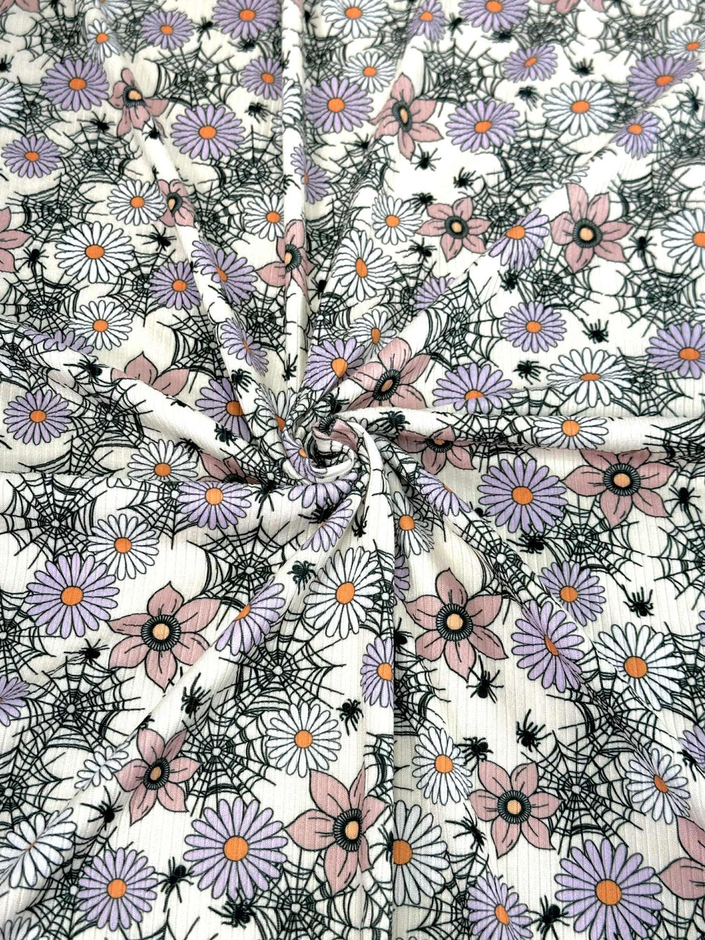 (4X2 RIB) SPIDERWEBS, FLOWERS, AND SPIDERS ON LIGHT CREAM