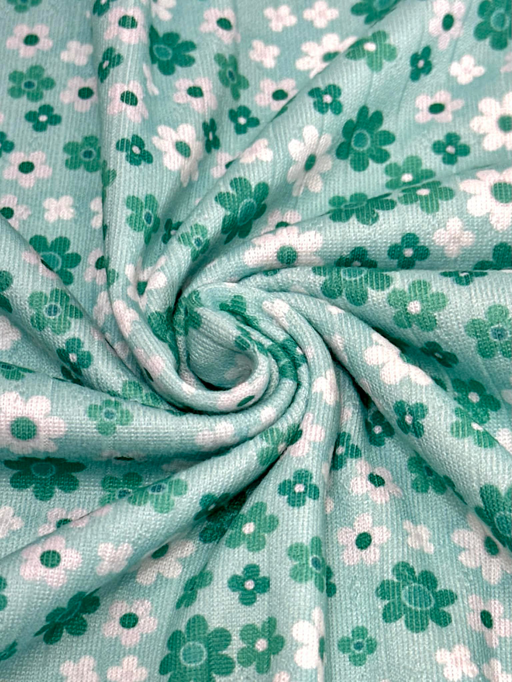 (POINTELLE RIB) TURQUOISE AND OFF WHITE TINY FLOWERS ON AQUA(2)
