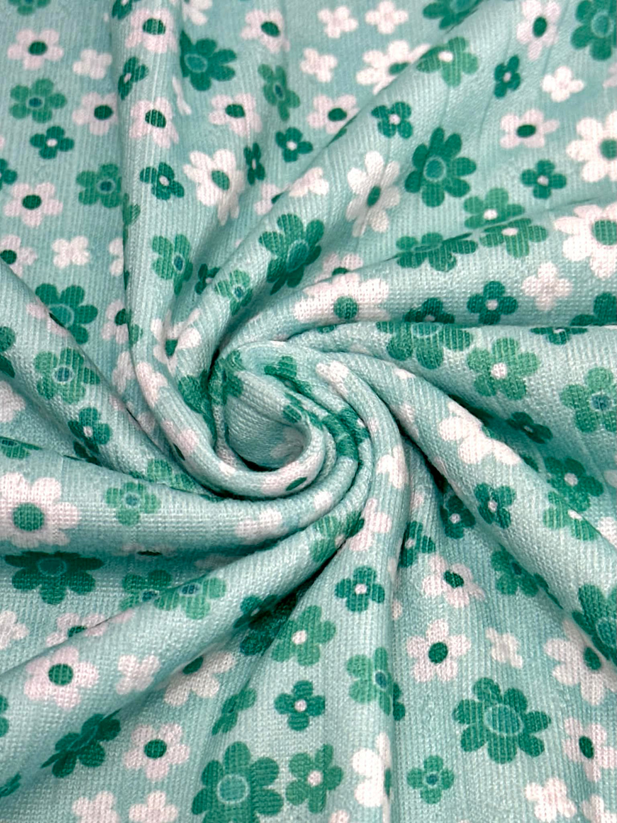 (POINTELLE RIB) TURQUOISE AND OFF WHITE TINY FLOWERS ON AQUA(2)