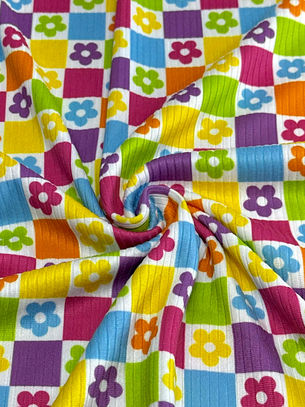 (4X2 YUMMY RIB) BRIGHT COLORFUL FLOWERS AND CHECKERED PATTERN