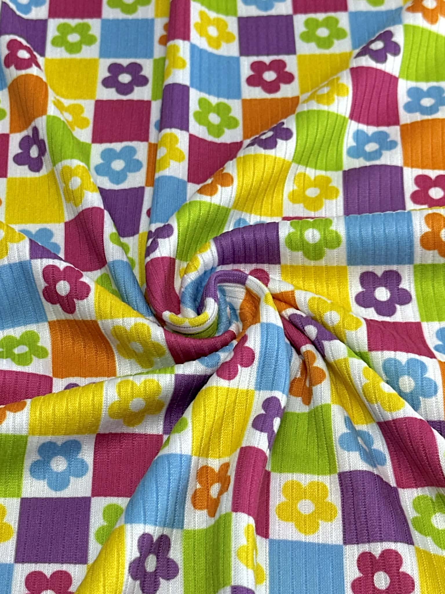(4X2 YUMMY RIB) BRIGHT COLORFUL FLOWERS AND CHECKERED PATTERN