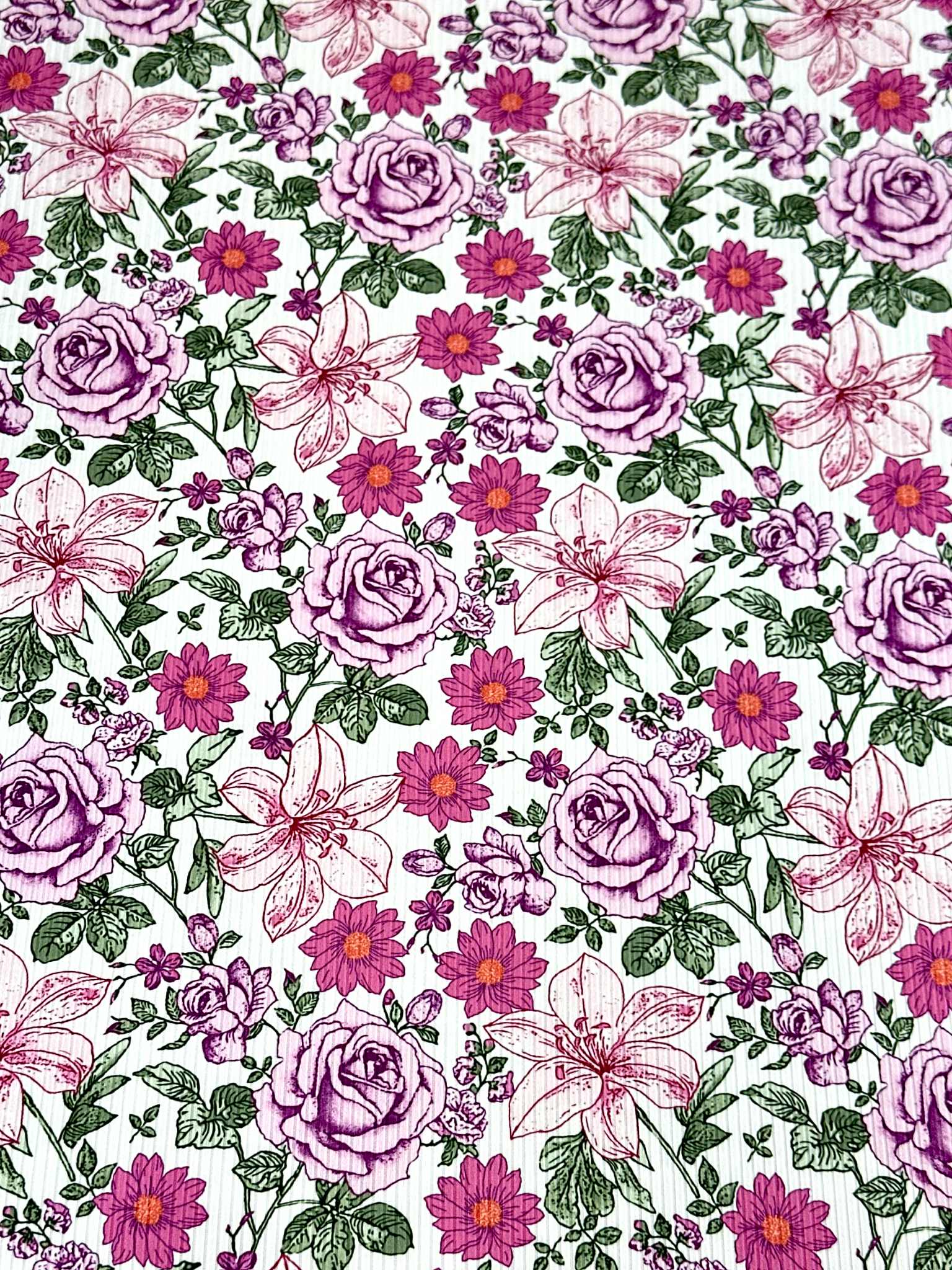 (4X2 RIB) MAGENTA AND PINK HATTIE FLOWERS ON OFF WHITE