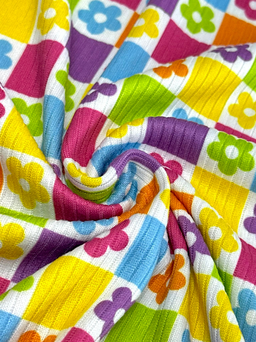 (4X2 YUMMY RIB) BRIGHT COLORFUL FLOWERS AND CHECKERED PATTERN