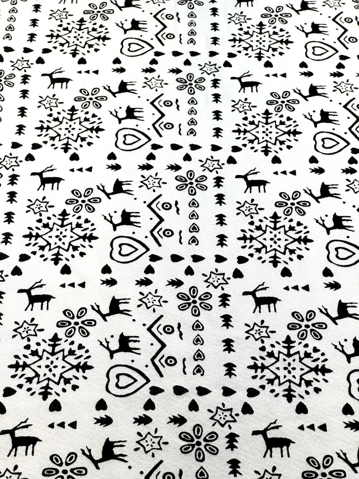 (FRENCH TERRY) BLACK REINDEERS, HEARTS, AND SNOWFLAKES PATTERN ON OFF WHITE (2)