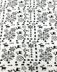 (FRENCH TERRY) BLACK REINDEERS, HEARTS, AND SNOWFLAKES PATTERN ON OFF WHITE