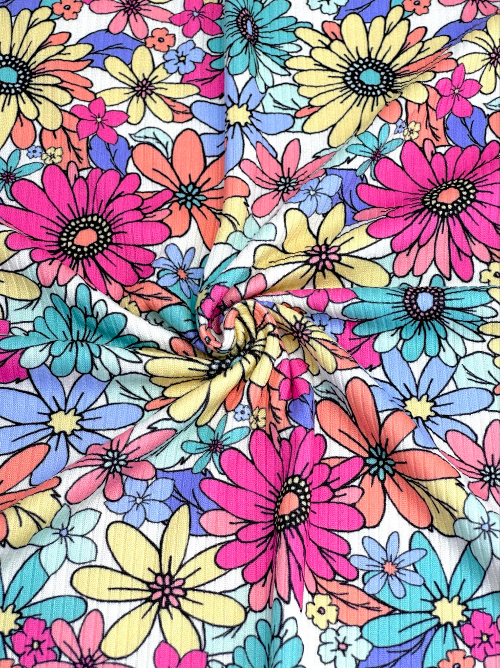 (YUMMY RIB) NEW MINT, LIGHT YELLOW AND FUCHSIA FLOWERS ON WHITE (3)