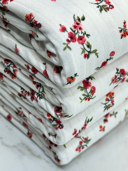 (8X2 RIB) RED FLOWERS ON OFF WHITE