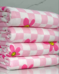 (YUMMY RIB) PRETTY PINK, YELLOW HAPPY FACE FLOWERS ON LIGHT PINK CHECKERED WAVE