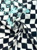 (SWIM) AQUA FLORAL ON BLACK AND VINTAGE IVORY CHECKERED