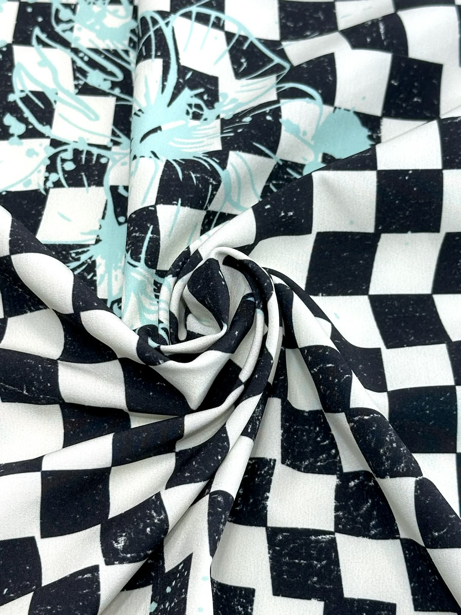 (SWIM) AQUA FLORAL ON BLACK AND VINTAGE IVORY CHECKERED