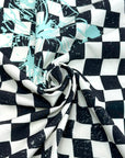 (SWIM) AQUA FLORAL ON BLACK AND VINTAGE IVORY CHECKERED