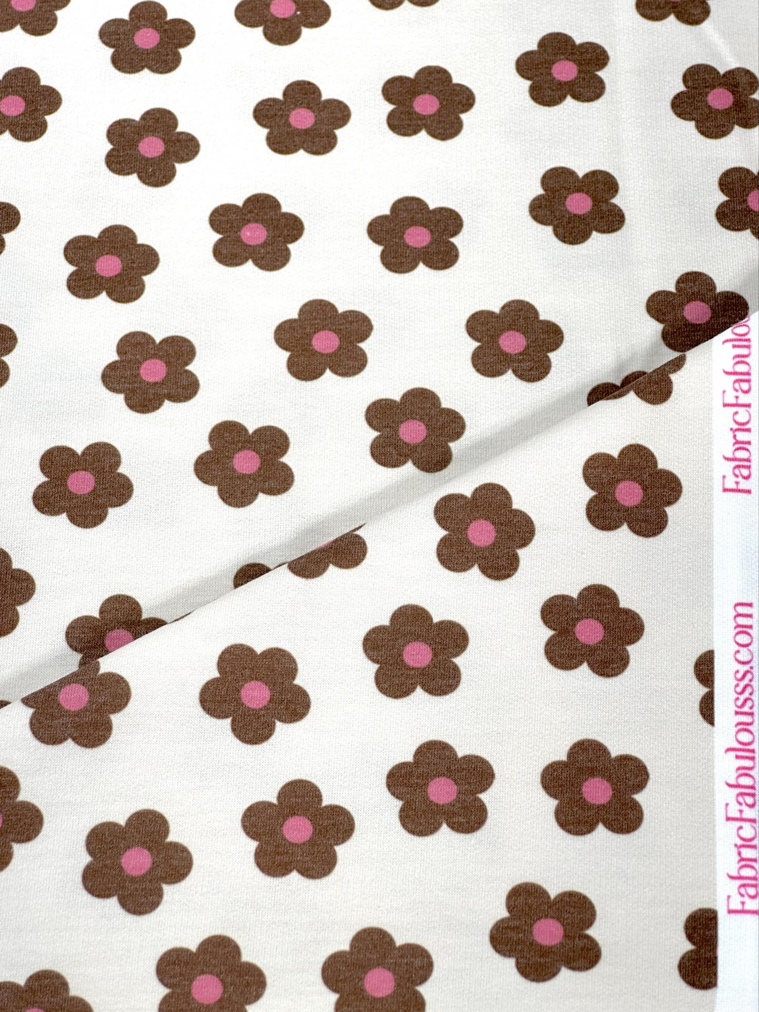 (FRENCH TERRY) SMALL PINK AND BROWN FLOWERS ON LIGHT CREAM