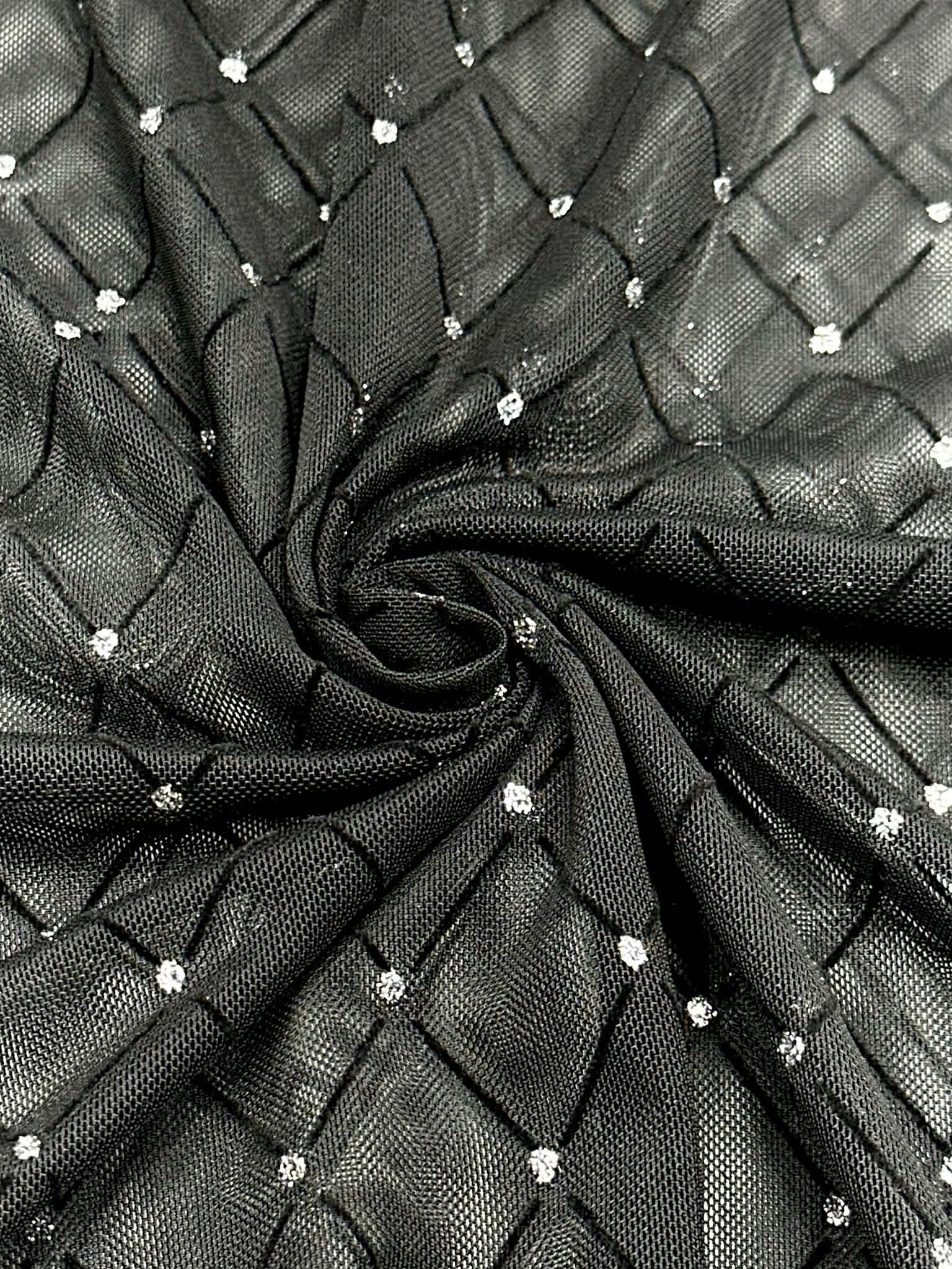 (MESH) SILVER GLITTER AND DIAMOND PATTERN ON BLACK
