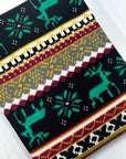 (SWEATER KNIT) GREEN REINDEERS ON BLACK AND BURGUNDY, MUSTARD PATTERN