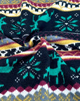 (SWEATER KNIT) GREEN REINDEERS ON BLACK AND BURGUNDY, MUSTARD PATTERN