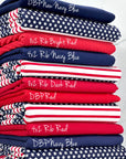 (COTTON SPANDEX) TINY SMALL STARS ON NAVY BLUE AND RED STRIPES ON OFF WHITE