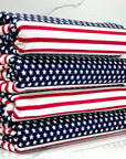 (COTTON SPANDEX) TINY SMALL STARS ON NAVY BLUE AND RED STRIPES ON OFF WHITE