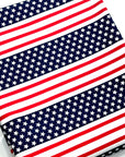 (COTTON SPANDEX) TINY SMALL STARS ON NAVY BLUE AND RED STRIPES ON OFF WHITE