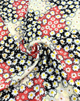 (WOVEN) WHITE FLOWERS ON LIGHT YELLOW, CORAL AND BLACK