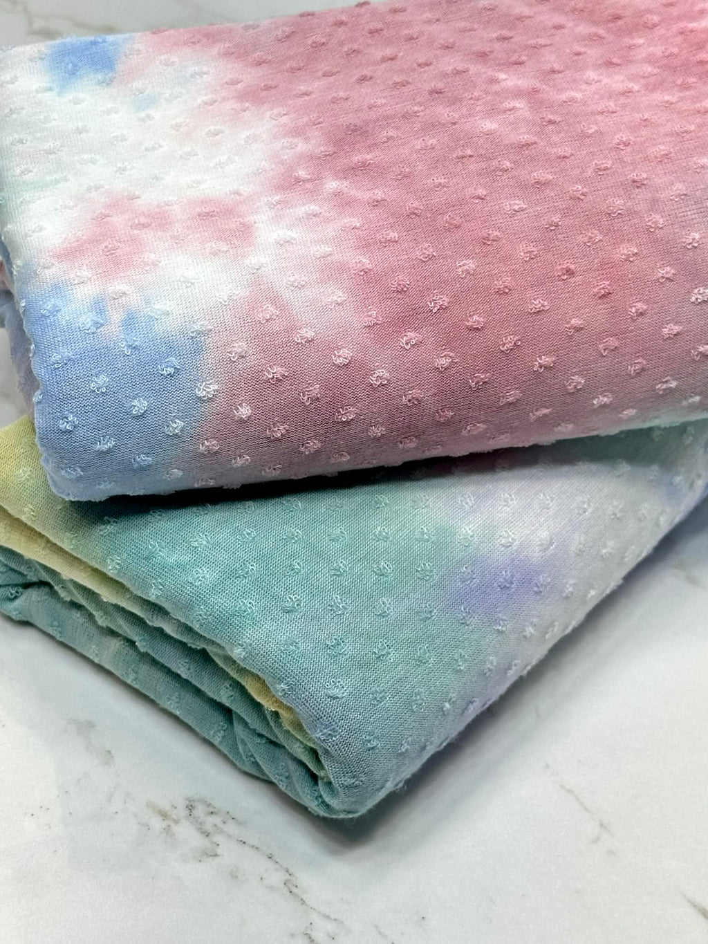 (SWISS DOT) AQUA, YELLOW, PURPLE AND OFF WHITE TIE DYE