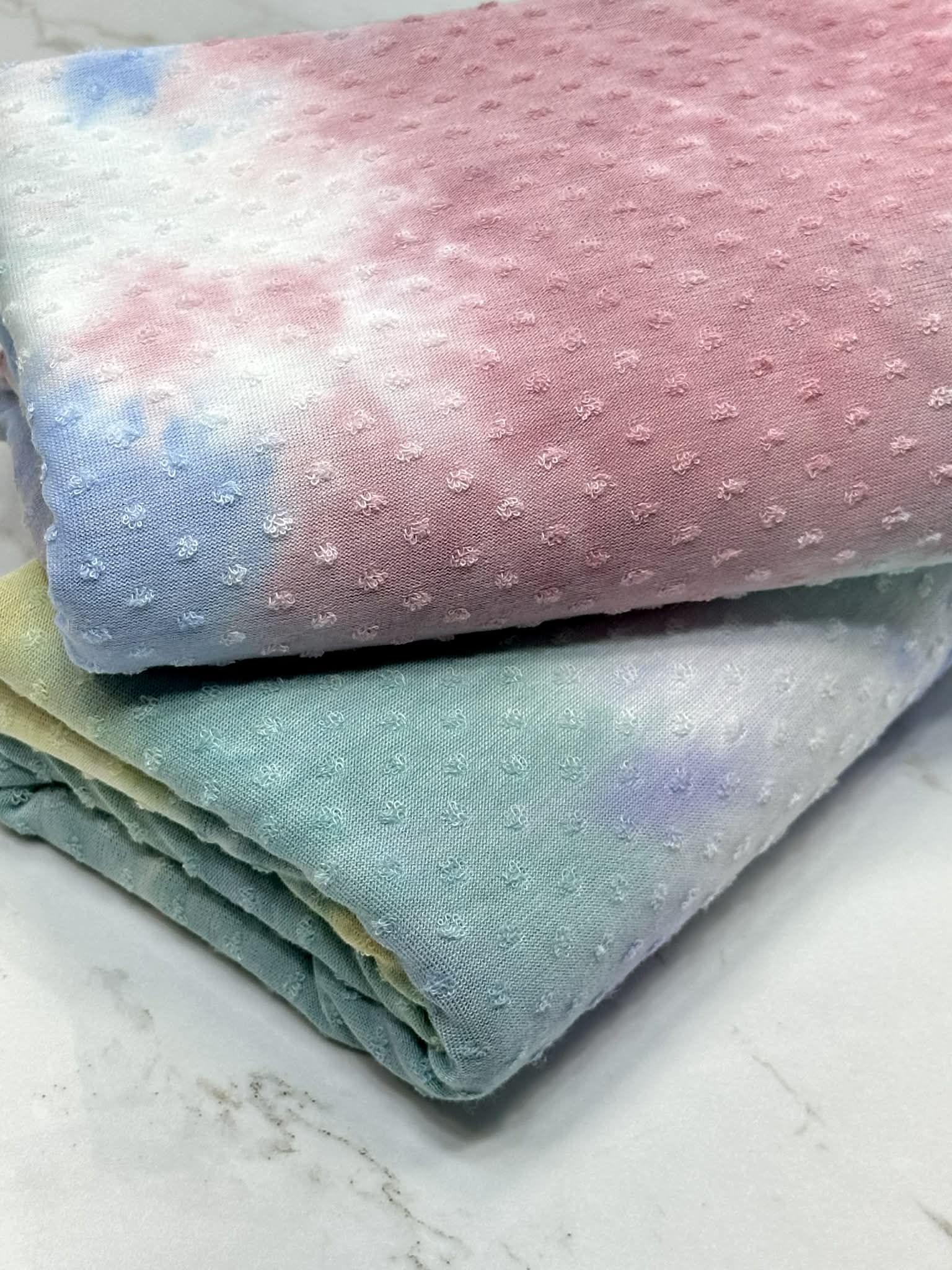 (SWISS DOT) AQUA, YELLOW, PURPLE AND OFF WHITE TIE DYE