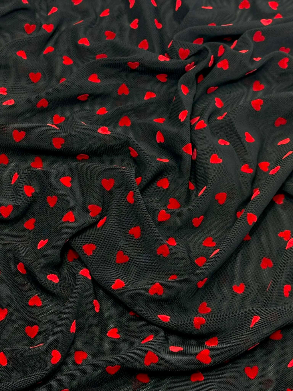 (MESH) TINY RED FLOCK HEARTS ON BLACK