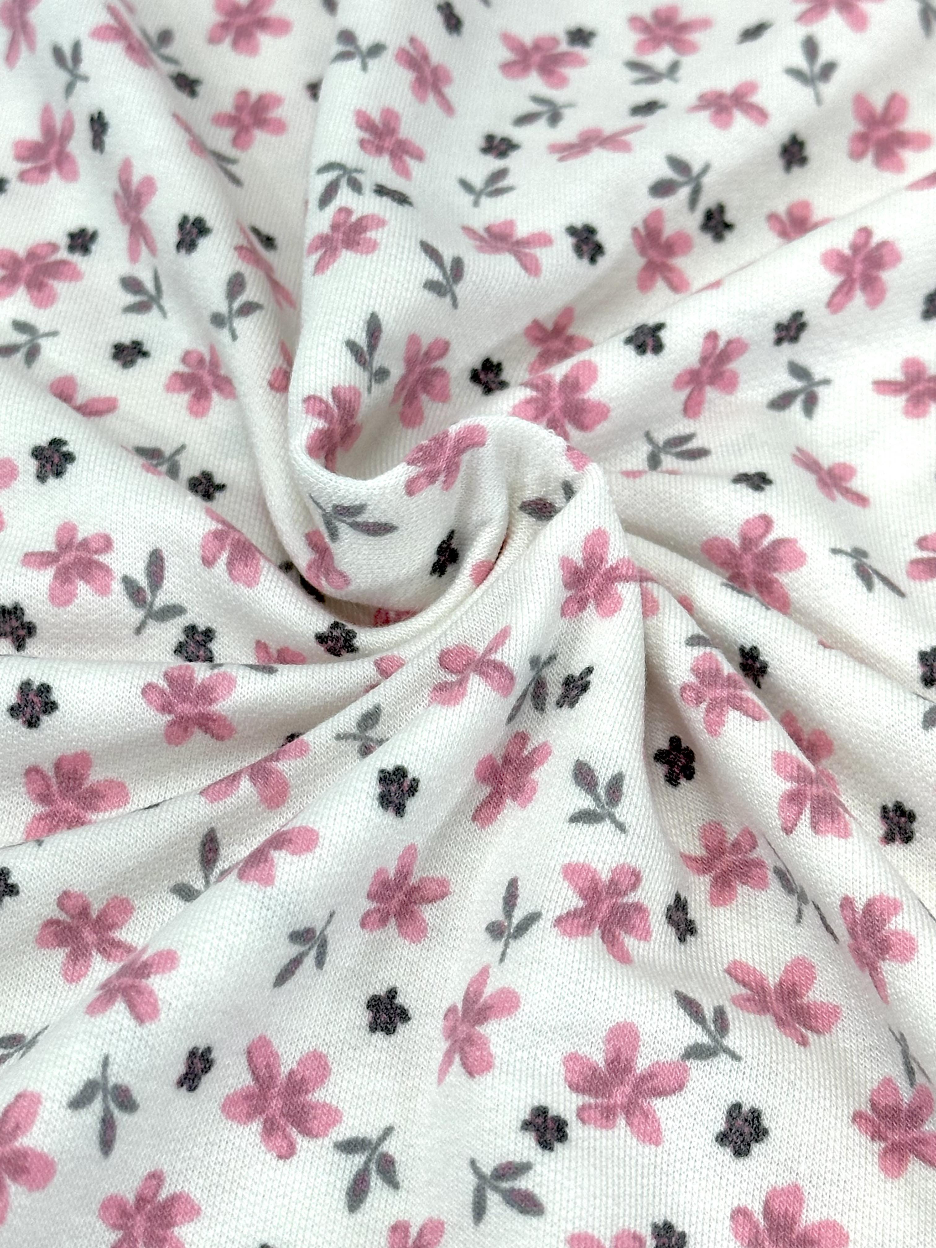 (FRENCH TERRY) PRETTY PINK SMALL FLOWERS AND TINY BLACK FLOWERS ON OFF WHITE