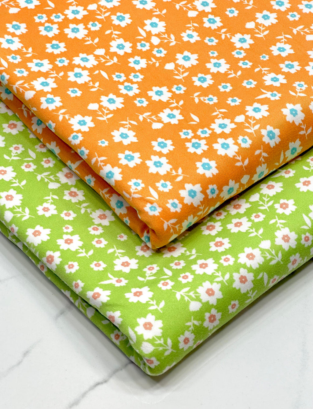 (DBP) TINY DARK MINT AND OFF WHITE FLOWERS ON ORANGE