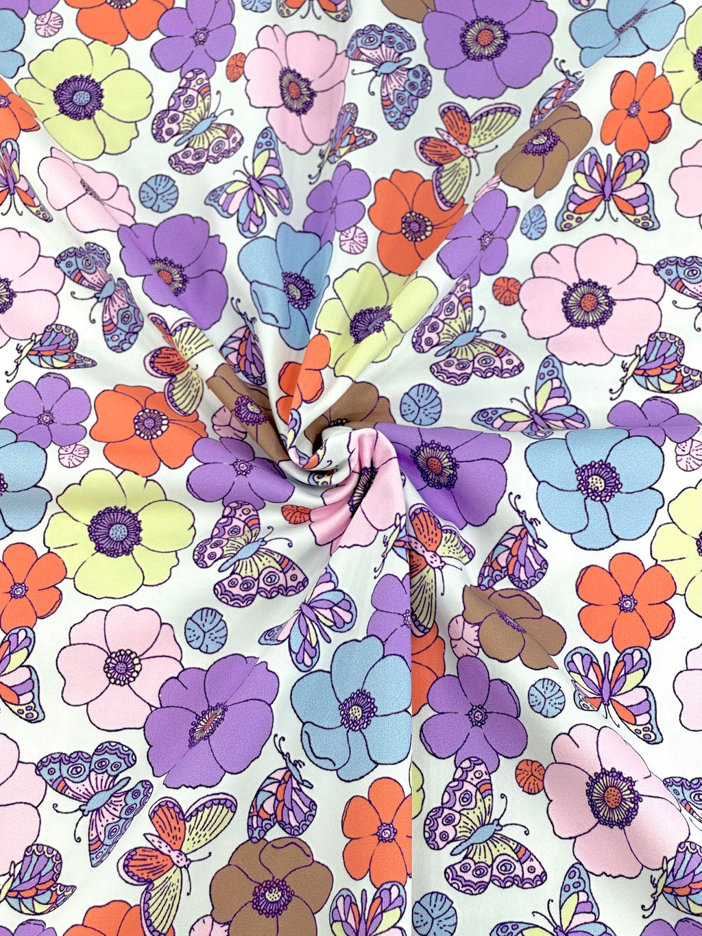 (SWIM) BUTTERFLIES AND FLOWERS ON OFF WHITE