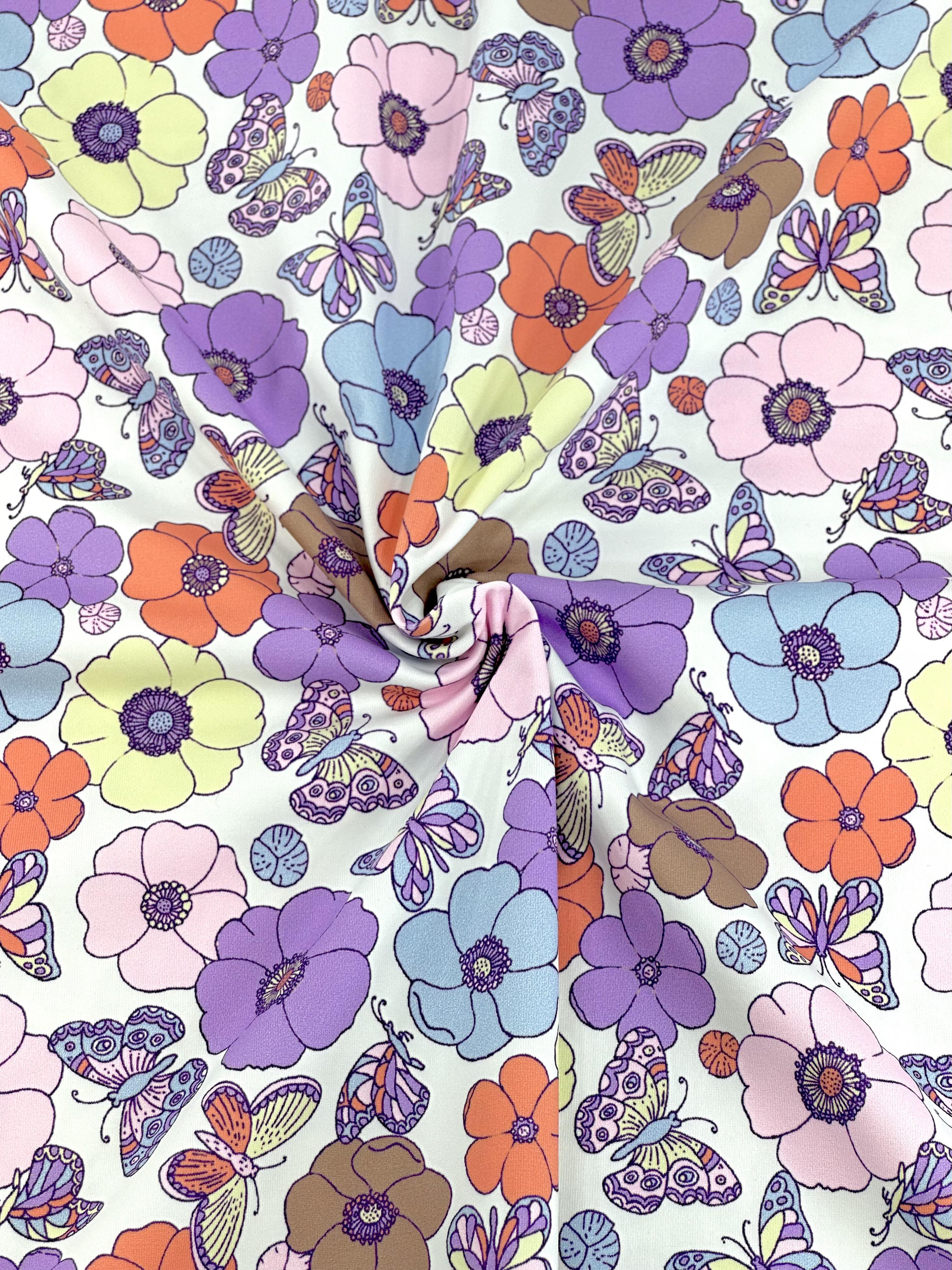 (SWIM) BUTTERFLIES AND FLOWERS ON OFF WHITE