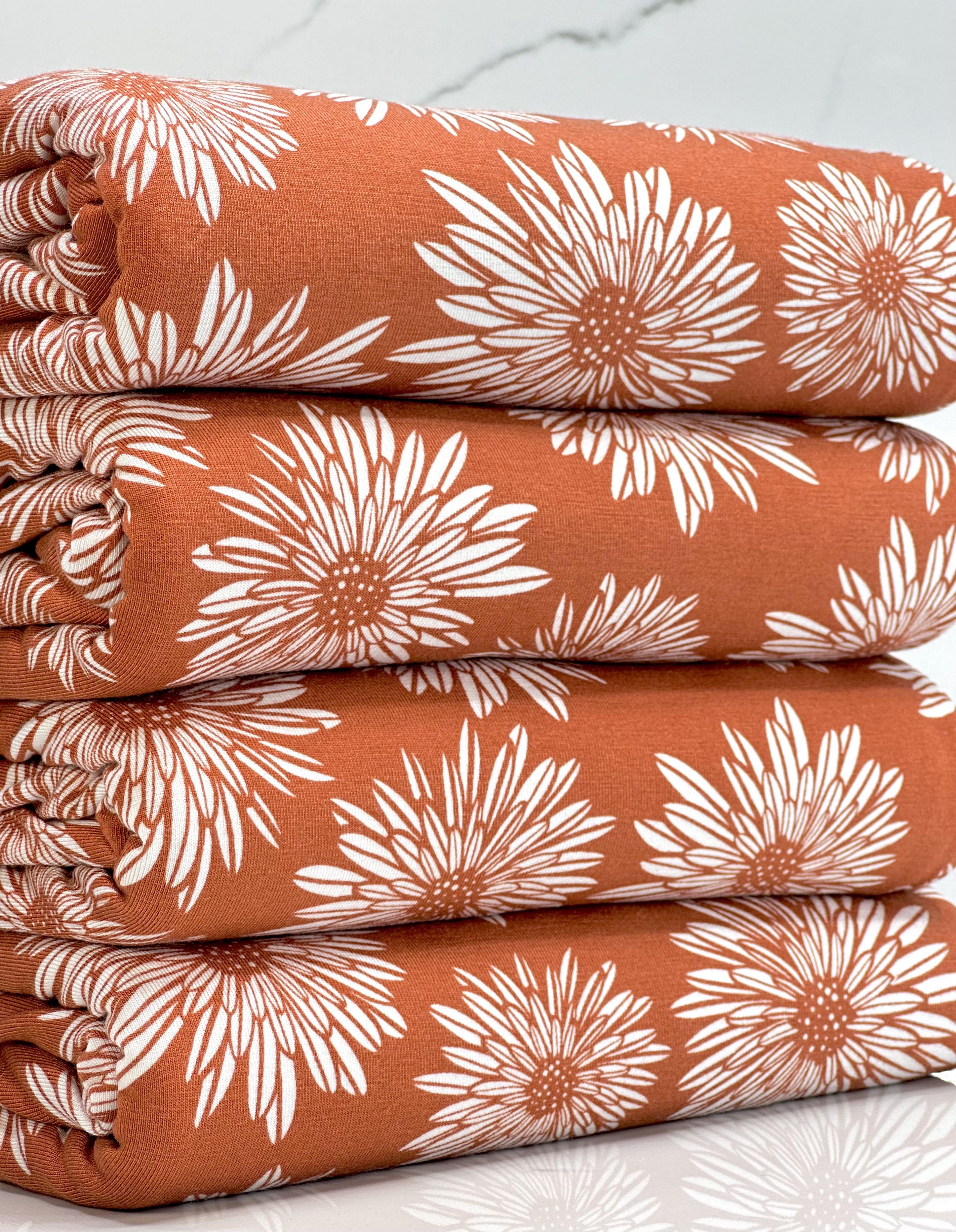 (RAYON MODAL) OFF WHITE SUNFLOWERS ON DARK ORANGE(2)