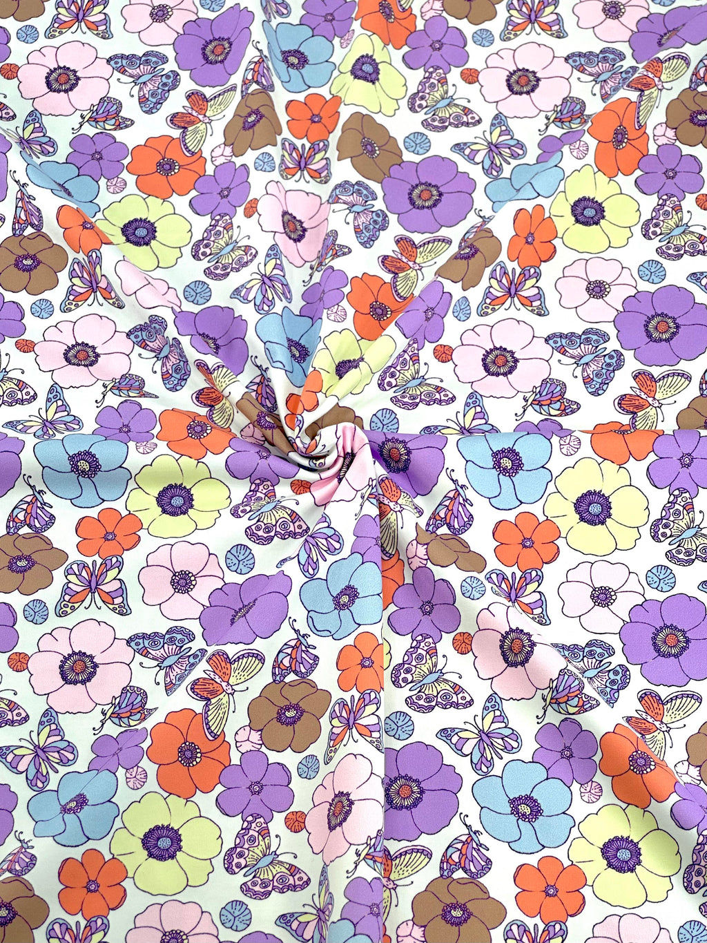 (SWIM) BUTTERFLIES AND FLOWERS ON OFF WHITE