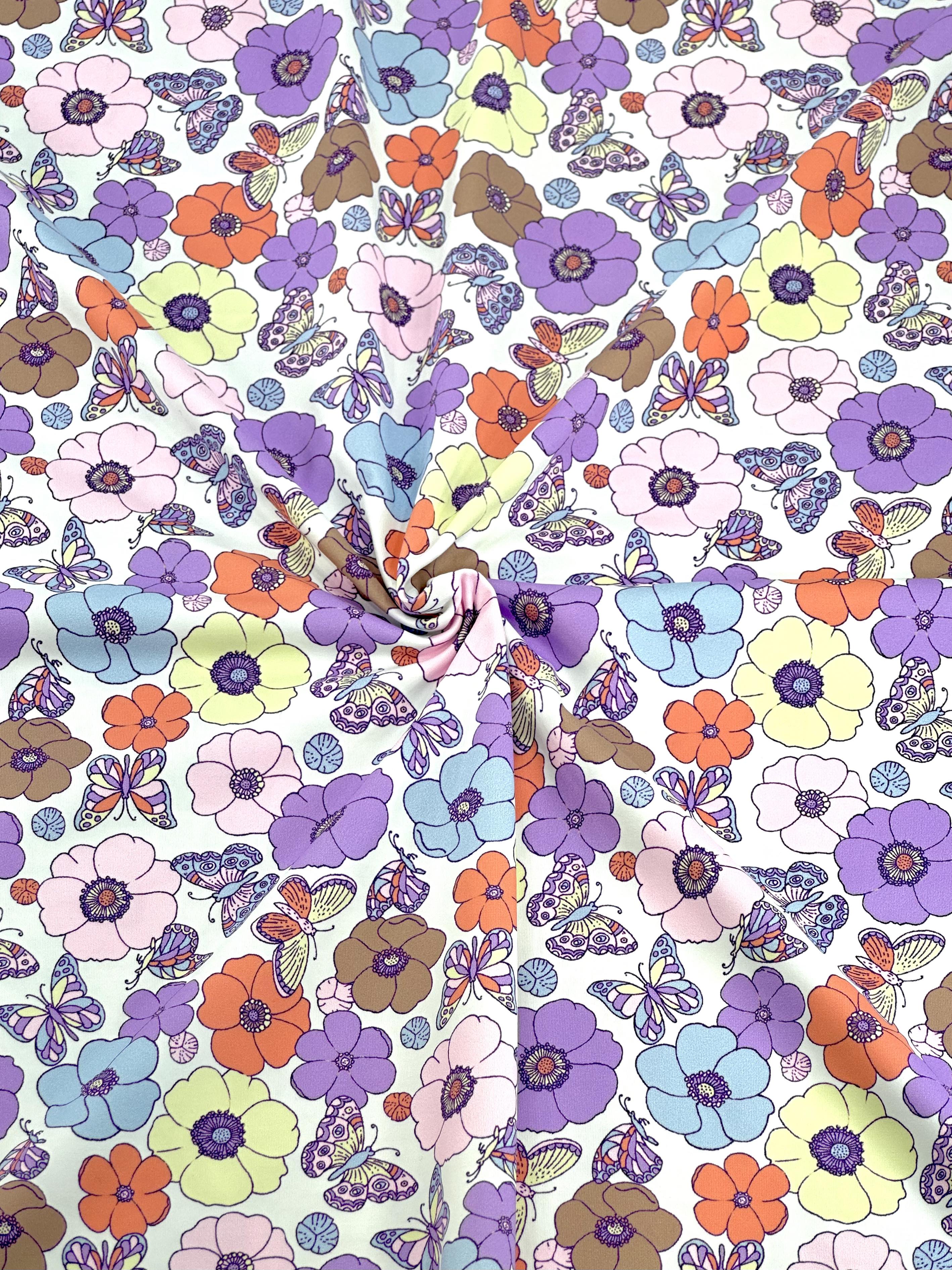 (SWIM) BUTTERFLIES AND FLOWERS ON OFF WHITE