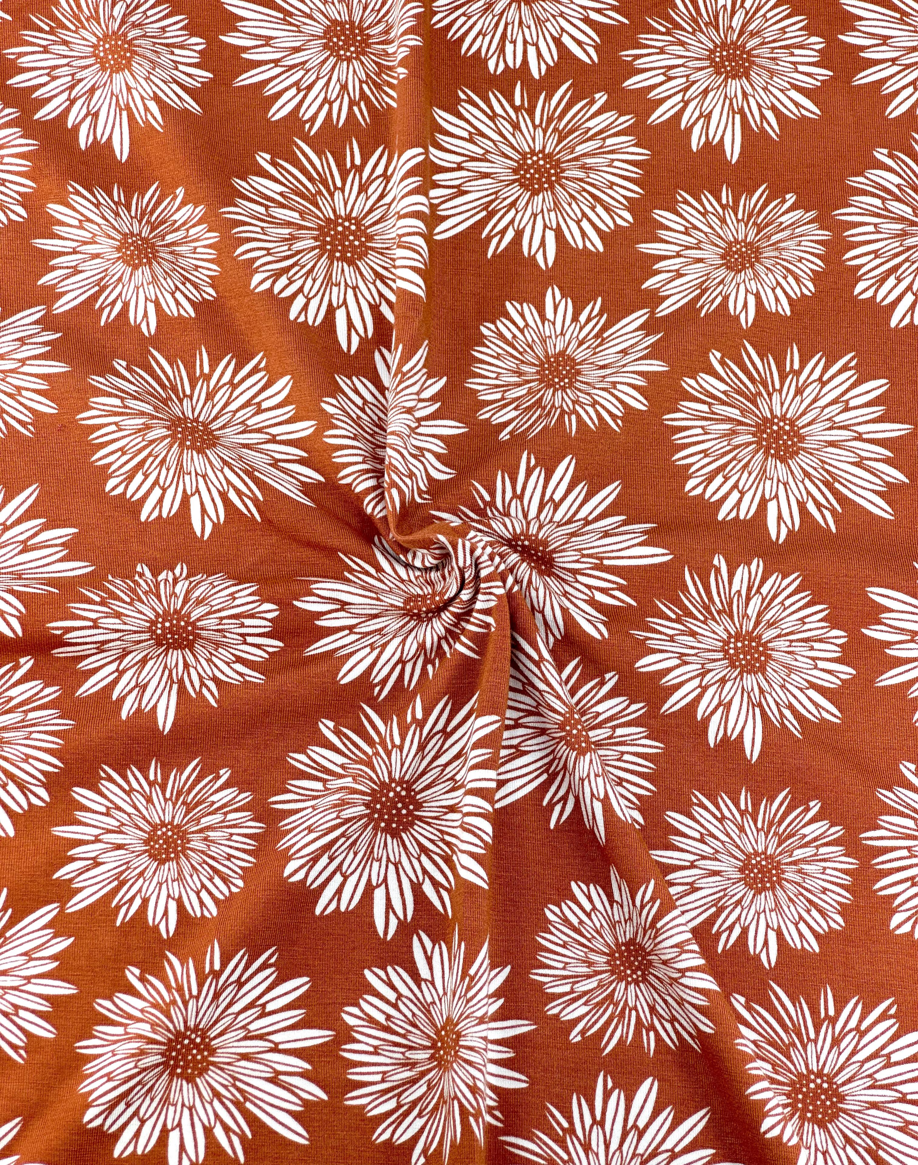 (RAYON MODAL) OFF WHITE SUNFLOWERS ON DARK ORANGE(2)