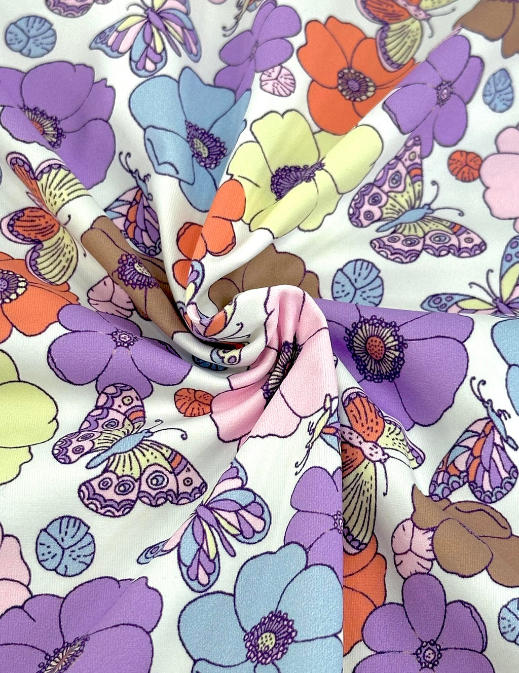 (SWIM) BUTTERFLIES AND FLOWERS ON OFF WHITE