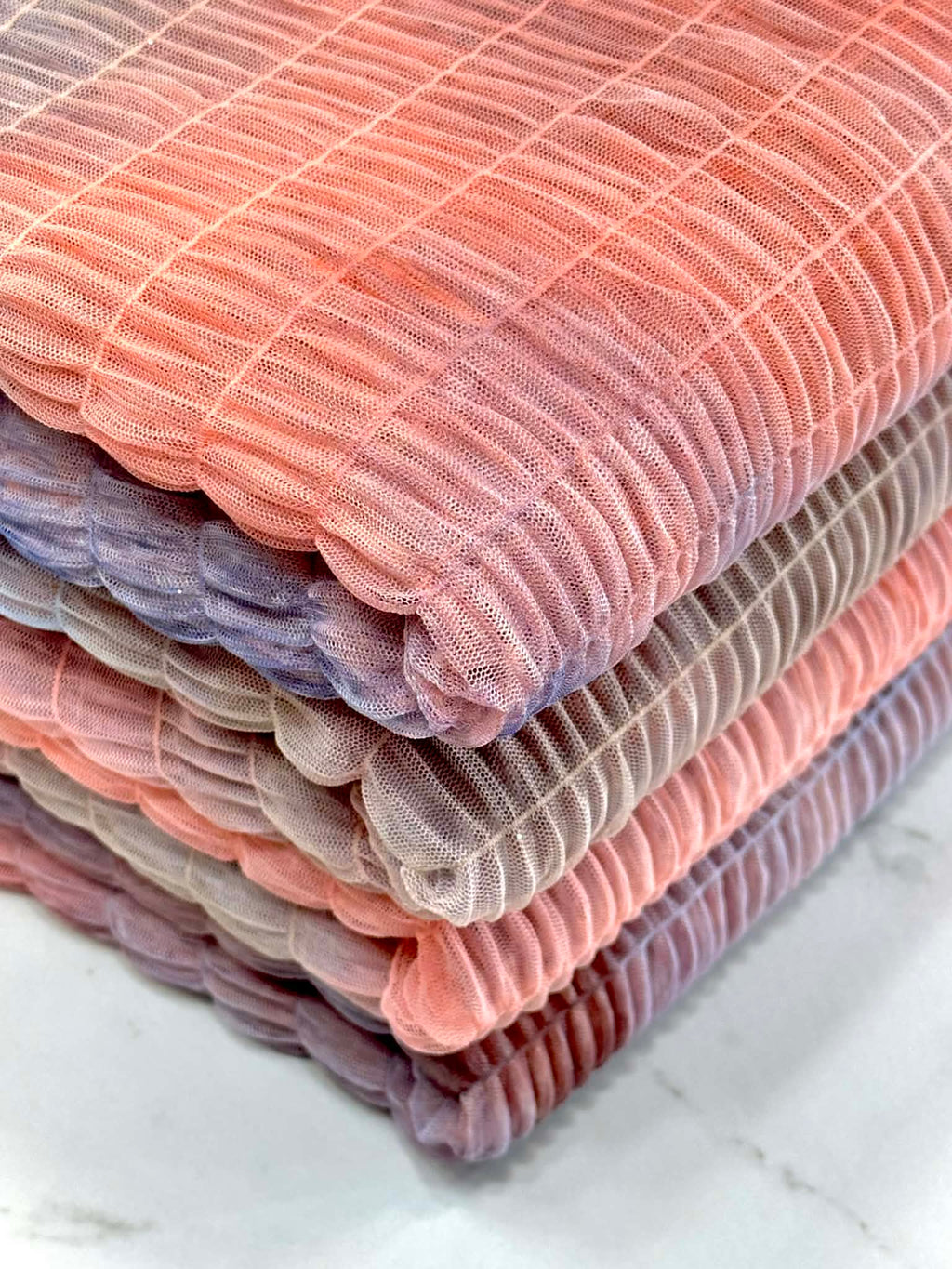 (PLEATED MESH) BLUE AND CORAL TIE DYE