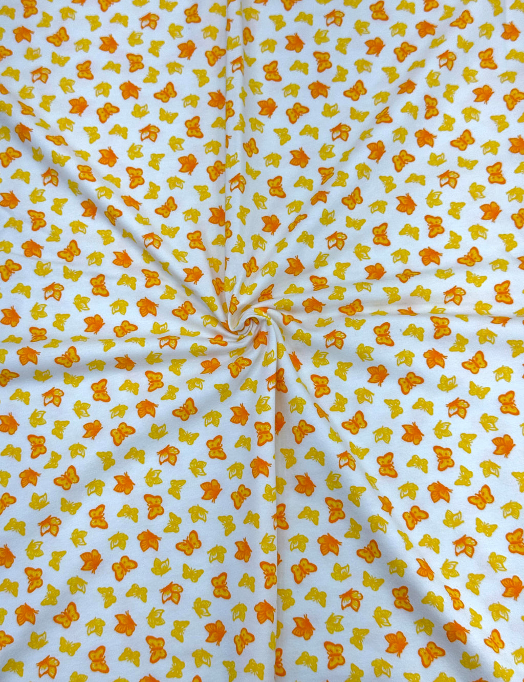 (COTTON SPANDEX) SMALL YELLOW AND ORANGE BUTTERFLIES ON OFF WHITE