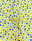 (COTTON SPANDEX) SMALL ROYAL AND BLUE BUTTERFLIES ON YELLOW