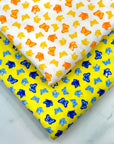 (COTTON SPANDEX) SMALL ROYAL AND BLUE BUTTERFLIES ON YELLOW