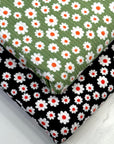 (4X2 YUMMY RIB) SMALL WHITE AND SCARLET RED DAISY'S ON BLACK