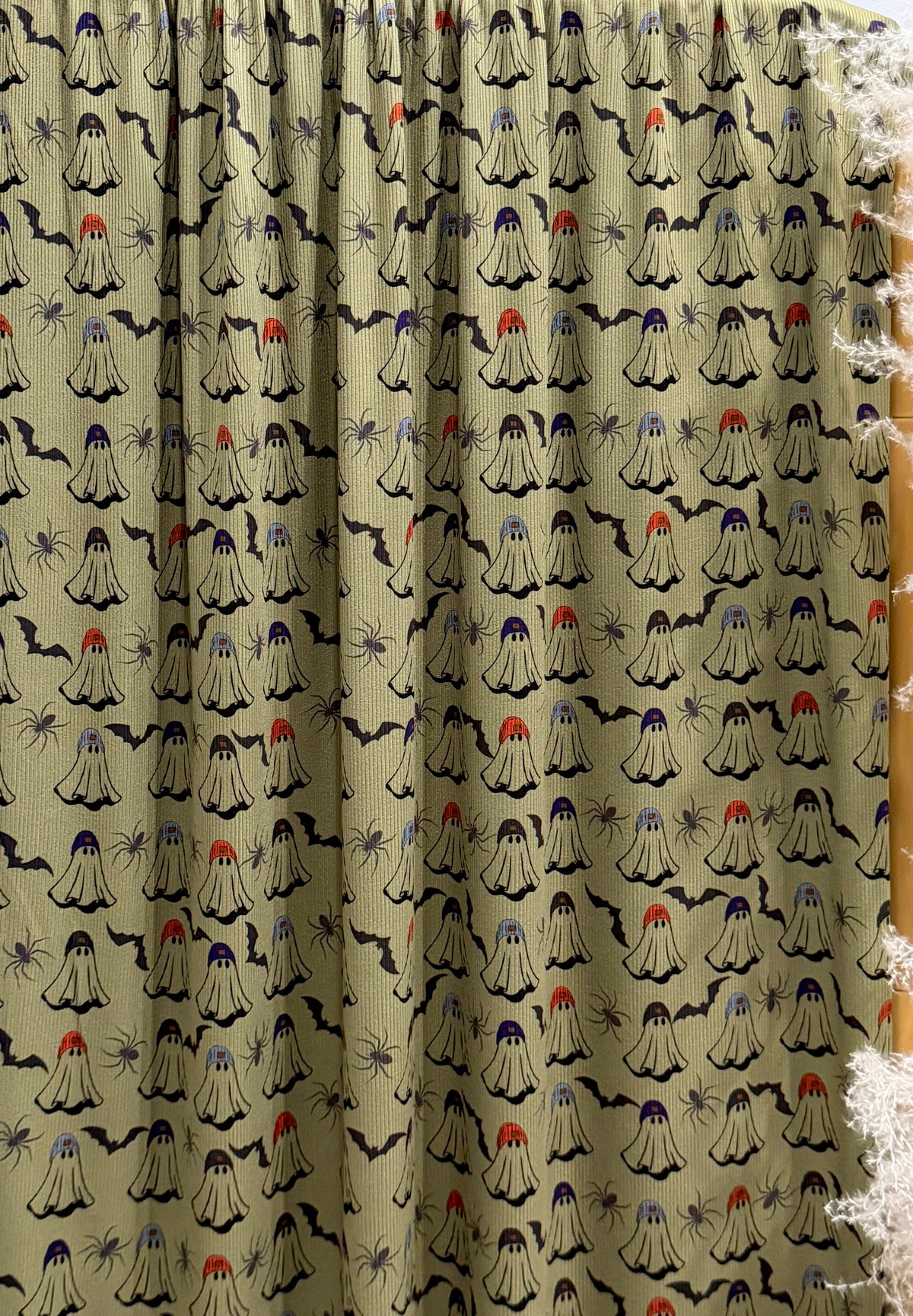 (2X2 YUMMY RIB) GHOSTS IN BEANIES, SPIDERS AND BATS ON OLIVE GREEN