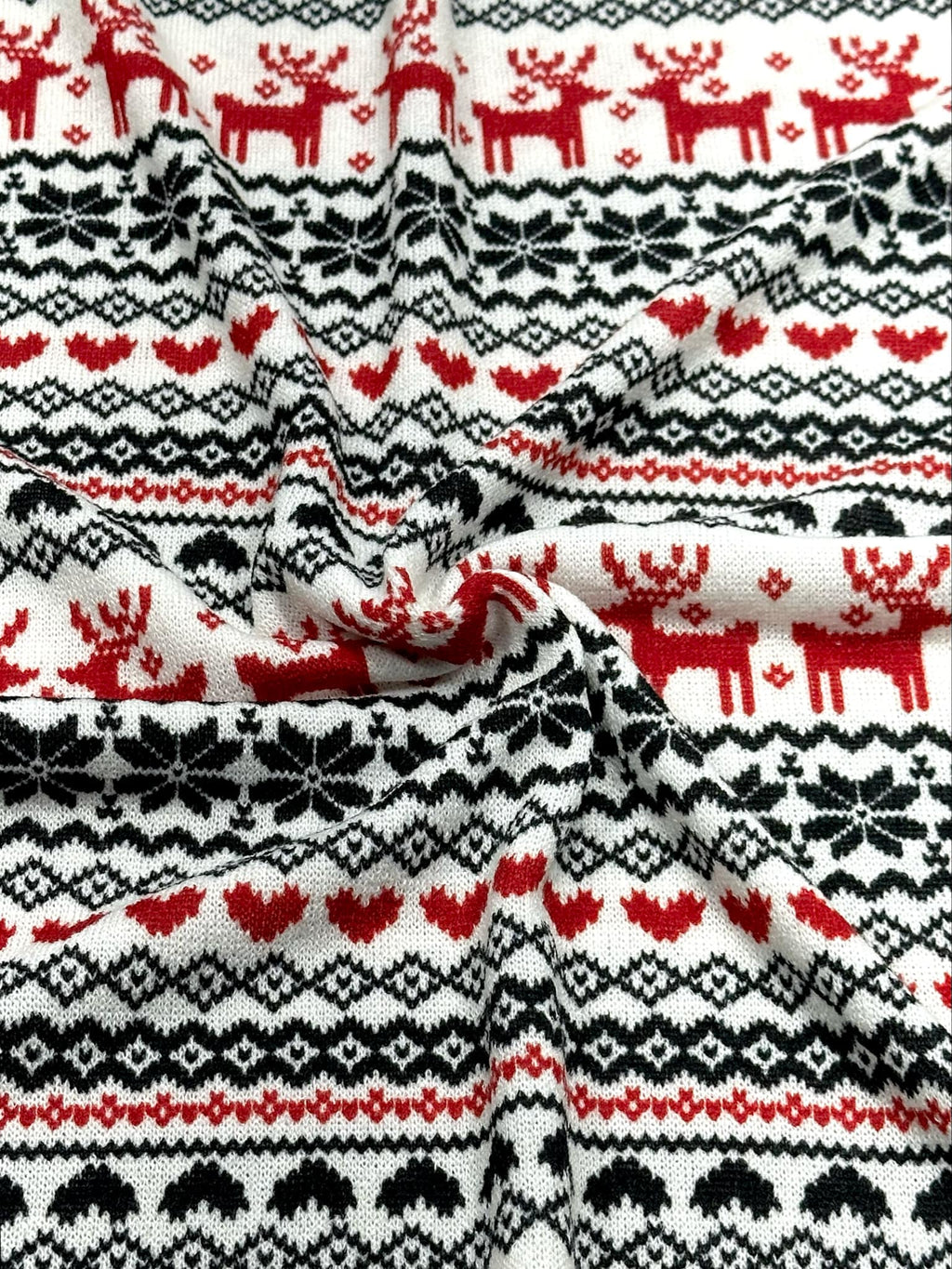 (SWEATER KNIT) RED REINDEER'S AND RED/ BLACK HEARTS ON OFF WHITE