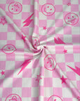 (YUMMY RIB) PINK STARS, HAPPY FACES, AND LIGHTNING ON LIGHT PINK CHECKERED