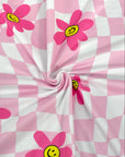 (DBP) PRETTY PINK, YELLOW HAPPY FACE FLOWERS ON LIGHT PINK CHECKERED WAVE