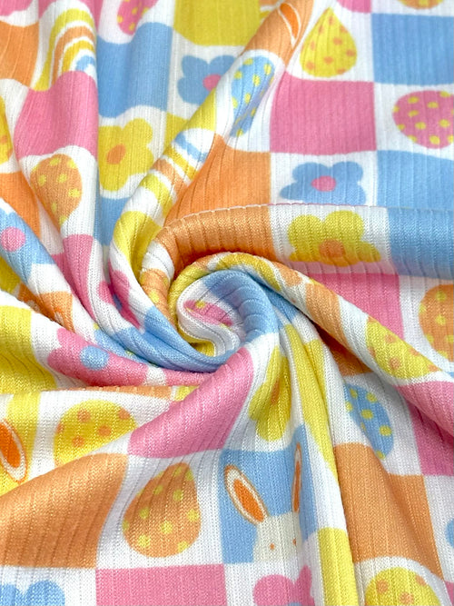 (4X2 YUMMY RIB) BUNNYS, EGGS, RAINBOWS, AND FLOWERS, CHECKERED PATTERN (1)