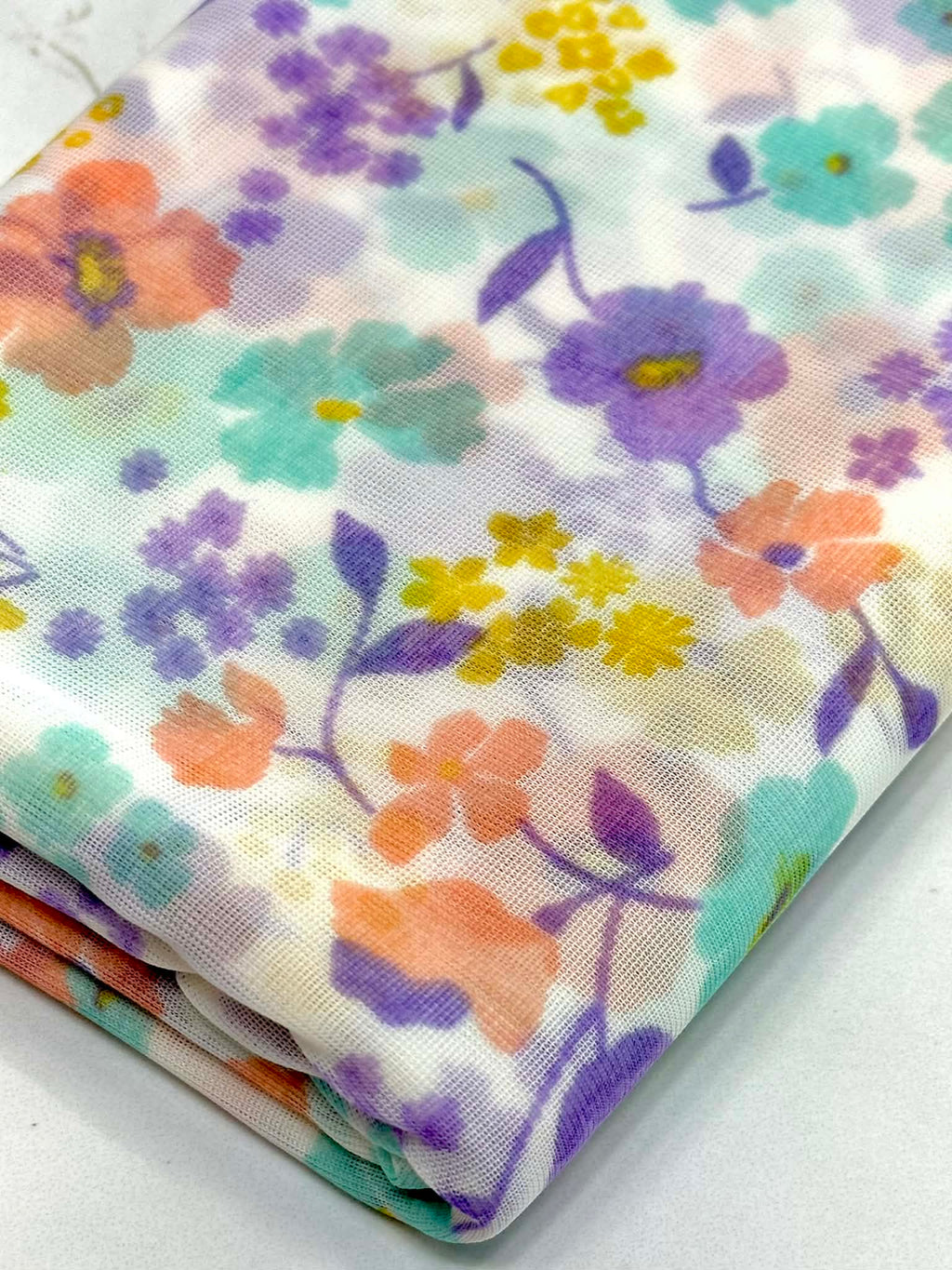 (MESH) MINT, LAVENDER , PEACH, AND YELLOW FLOWERS ON OFF WHITE