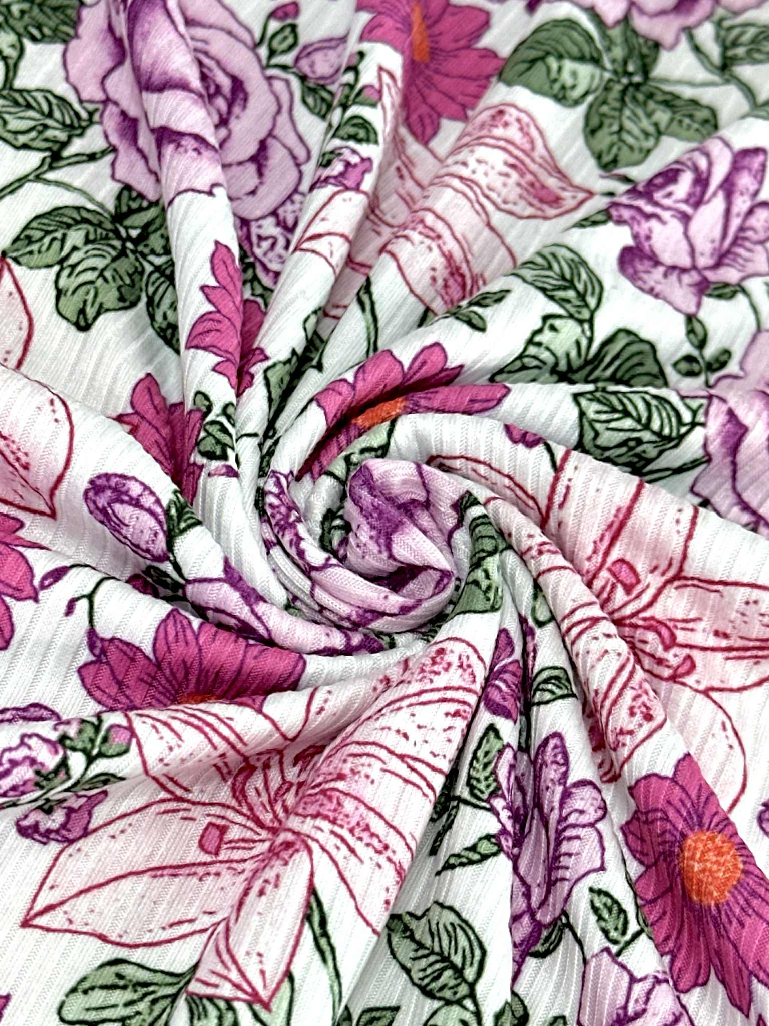 (4X2 RIB) MAGENTA AND PINK HATTIE FLOWERS ON OFF WHITE