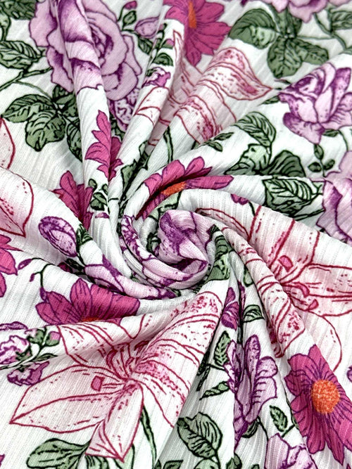 (4X2 RIB) MAGENTA AND PINK HATTIE FLOWERS ON OFF WHITE