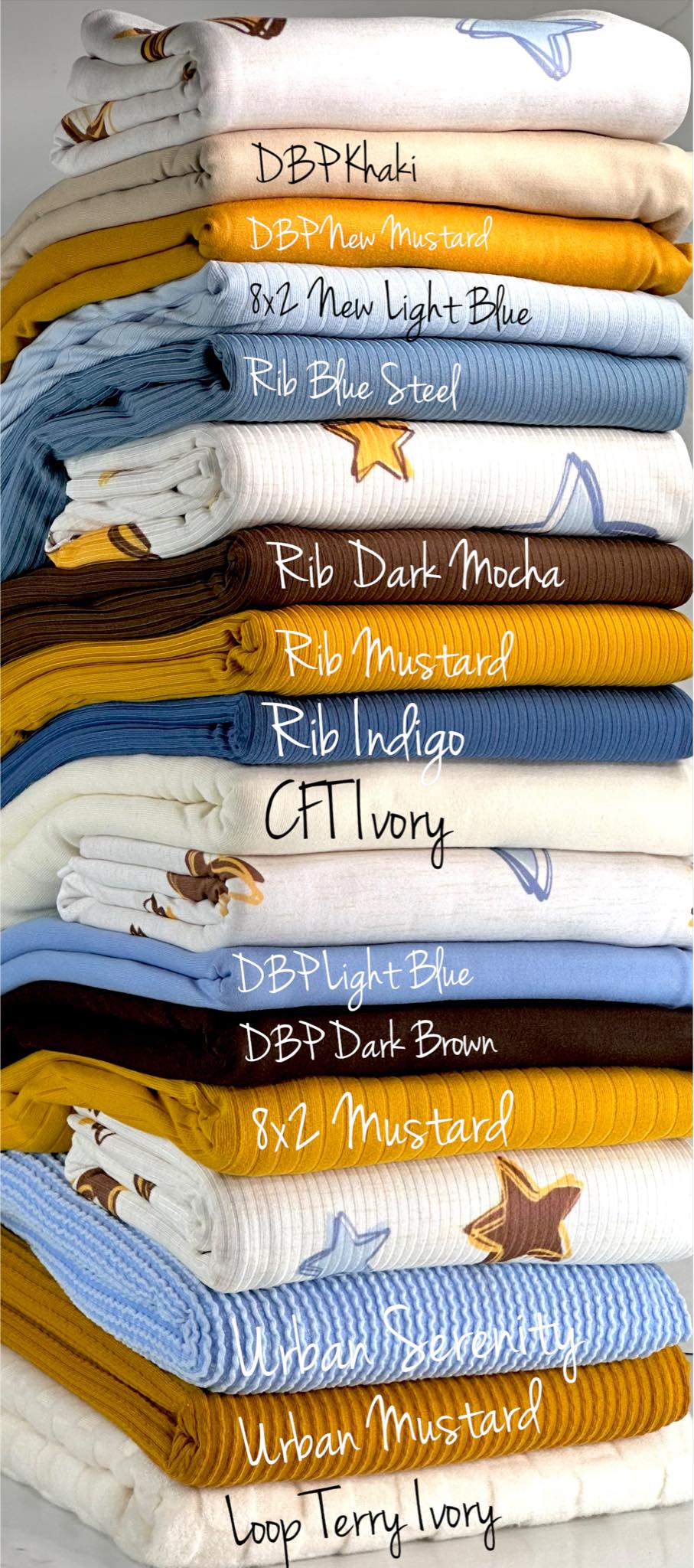 (YUMMY RIB) BLUE, MUSTARD, AND BROWN STARS ON CREAM(4)